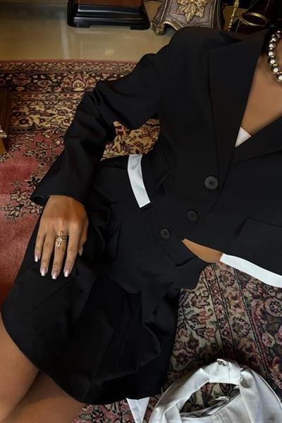 Crop Ceketli Ve Pile Etekli Garnili Takım 10111