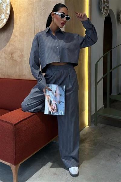 Crop Gömlekli Çizgili Takım 10080