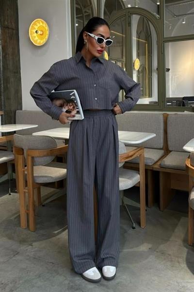 Crop Gömlekli Çizgili Takım 10080