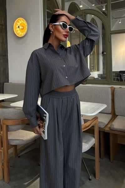 Crop Gömlekli Çizgili Takım 10080