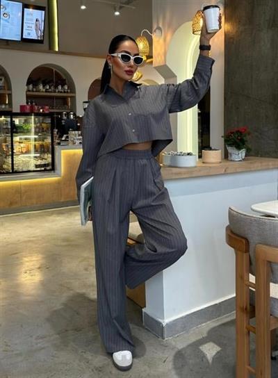 Crop Gömlekli Çizgili Takım 10080