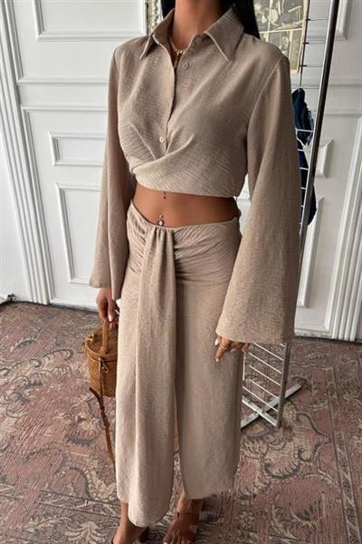 Crop Gömlekli Ve Eteği Büzgülü Tasarım Takım 10195