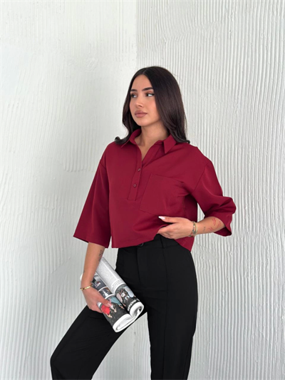 Crop Yakalı Gömlek Üç Çeyrek Sleeve Kol - Bordo
