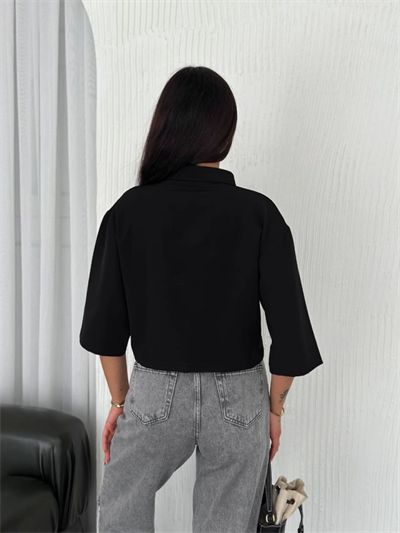 Crop Yakalı Gömlek Üç Çeyrek Sleeve Kol - Siyah