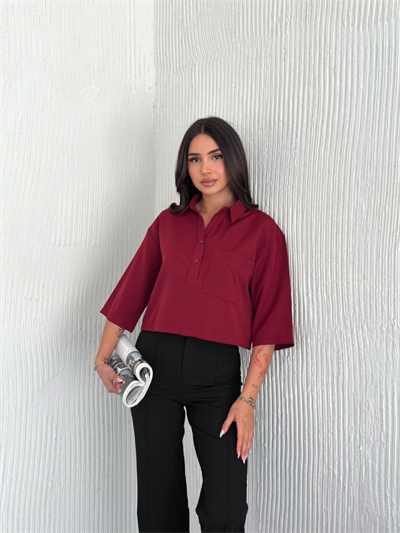Crop Yakalı Gömlek Üç Çeyrek Sleeve Kol - Bordo
