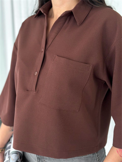 Crop Yakalı Gömlek Üç Çeyrek Sleeve Kol - Kahverengi