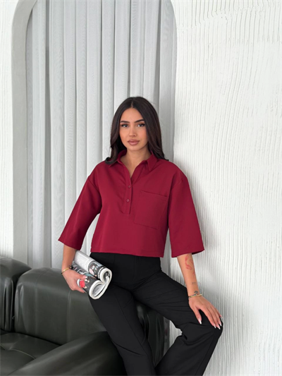 Crop Yakalı Gömlek Üç Çeyrek Sleeve Kol - Bordo