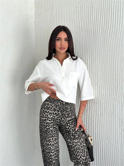 Crop Yakalı Gömlek Üç Çeyrek Sleeve Kol - Beyaz