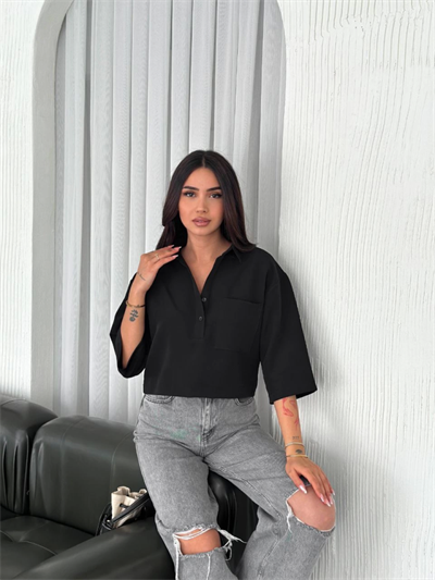 Crop Yakalı Gömlek Üç Çeyrek Sleeve Kol - Siyah