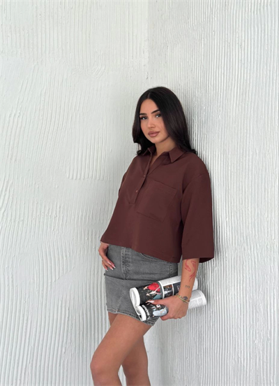 Crop Yakalı Gömlek Üç Çeyrek Sleeve Kol - Kahverengi