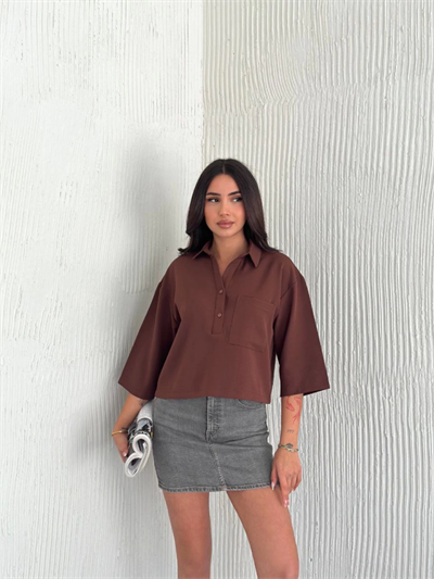 Crop Yakalı Gömlek Üç Çeyrek Sleeve Kol - Kahverengi