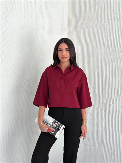 Crop Yakalı Gömlek Üç Çeyrek Sleeve Kol - Bordo