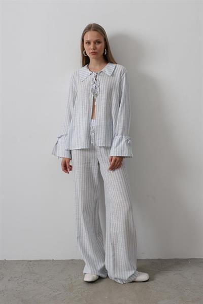 Çzgili Bağlamalı Pantolon Takım - Mavi