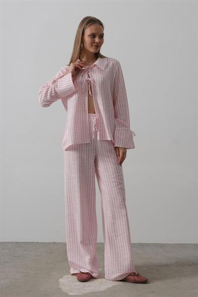 Çzgili Bağlamalı Pantolon Takım - Pembe