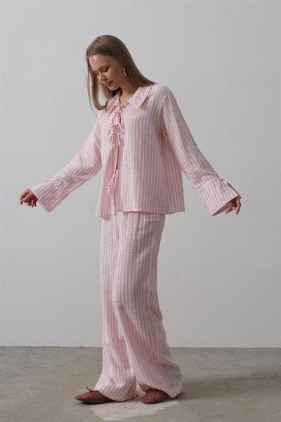 Çzgili Bağlamalı Pantolon Takım - Pembe