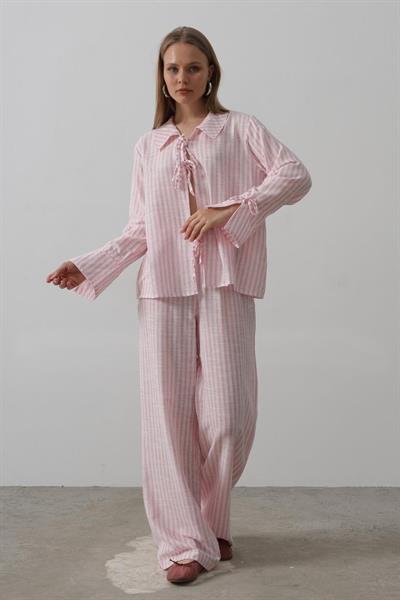 Çzgili Bağlamalı Pantolon Takım - Pembe