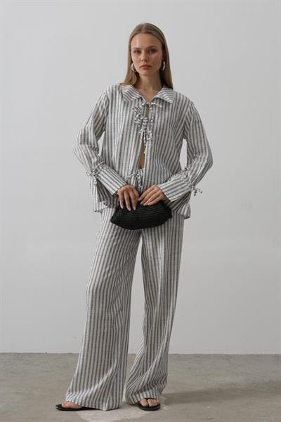 Çzgili Bağlamalı Pantolon Takım - Siyah