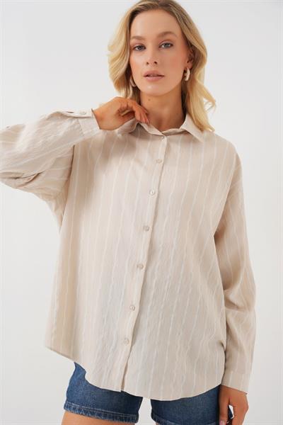 Çzigili Oversize Gömlek 20293 - Krem