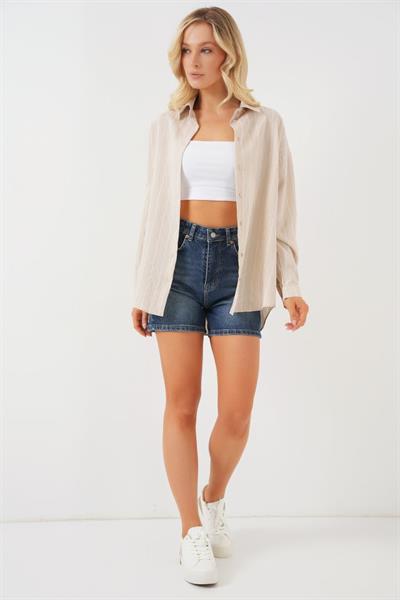 Çzigili Oversize Gömlek 20293 - Krem