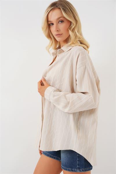 Çzigili Oversize Gömlek 20293 - Krem