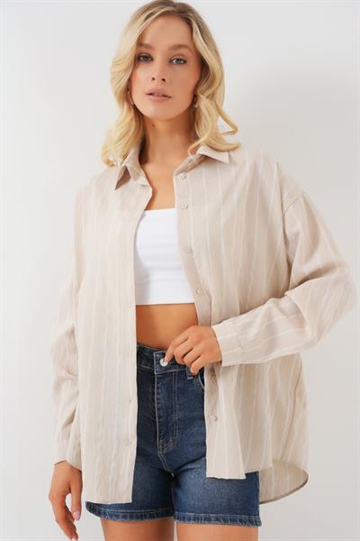 Çzigili Oversize Gömlek 20293 - Krem