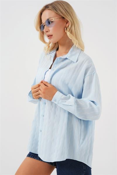 Çzigili Oversize Gömlek 20293 - Mavi