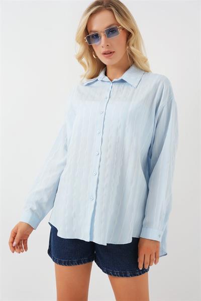 Çzigili Oversize Gömlek 20293 - Mavi