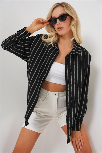 Çzigili Oversize Gömlek 20293 - Siyah