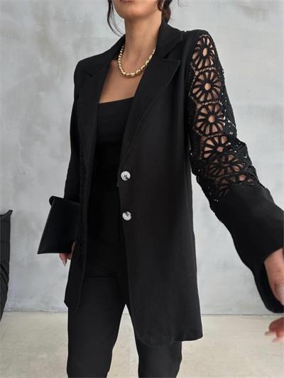 DANTEL PARÇALI KETEN CEKET - PANTOLON TAKIM - Siyah