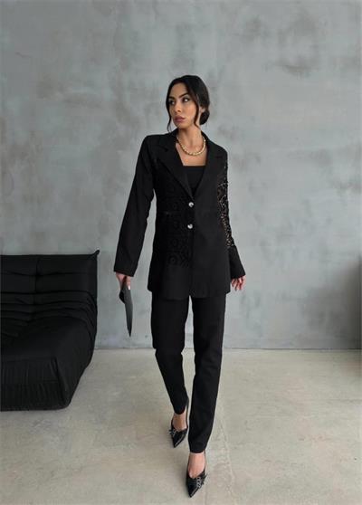 DANTEL PARÇALI KETEN CEKET - PANTOLON TAKIM - Siyah