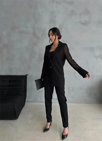 DANTEL PARÇALI KETEN CEKET - PANTOLON TAKIM - Siyah