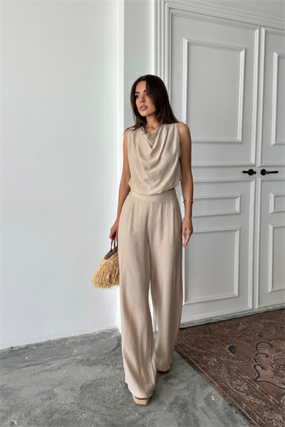 DEGAJE YAKA KOLSUZ BLUZ - PANTOLON TAKIM - Bej