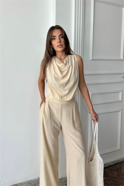 DEGAJE YAKA KOLSUZ BLUZ - PANTOLON TAKIM - Taş