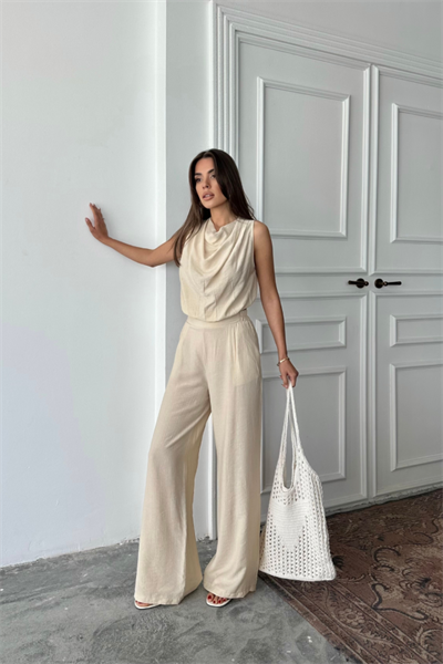 DEGAJE YAKA KOLSUZ BLUZ - PANTOLON TAKIM - Taş