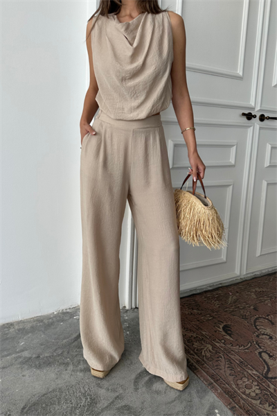 DEGAJE YAKA KOLSUZ BLUZ - PANTOLON TAKIM - Bej