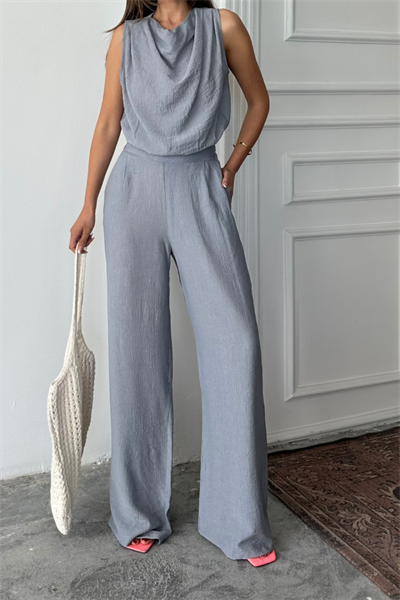 DEGAJE YAKA KOLSUZ BLUZ - PANTOLON TAKIM - Gri