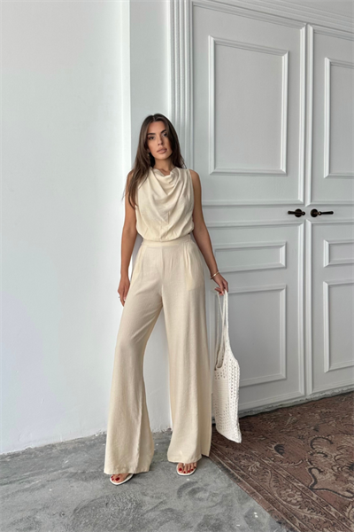 DEGAJE YAKA KOLSUZ BLUZ - PANTOLON TAKIM - Taş