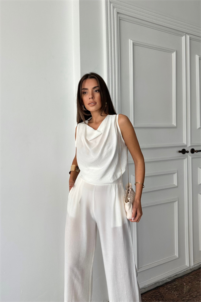 DEGAJE YAKA KOLSUZ BLUZ - PANTOLON TAKIM - Beyaz