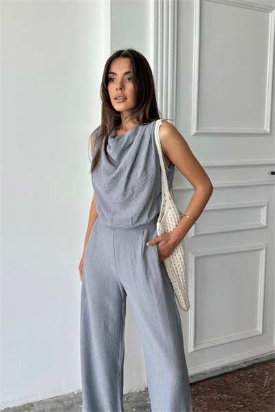 DEGAJE YAKA KOLSUZ BLUZ - PANTOLON TAKIM - Gri