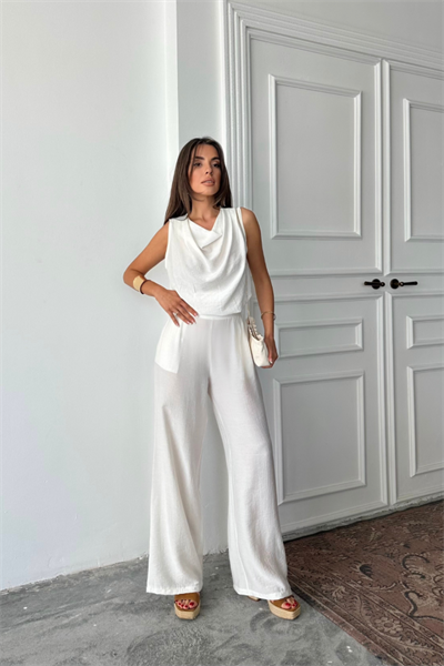 DEGAJE YAKA KOLSUZ BLUZ - PANTOLON TAKIM - Beyaz