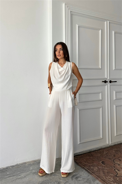 DEGAJE YAKA KOLSUZ BLUZ - PANTOLON TAKIM - Beyaz