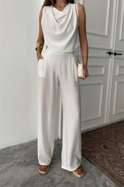 DEGAJE YAKA KOLSUZ BLUZ - PANTOLON TAKIM - Beyaz