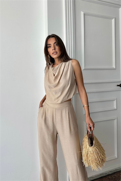 DEGAJE YAKA KOLSUZ BLUZ - PANTOLON TAKIM - Bej