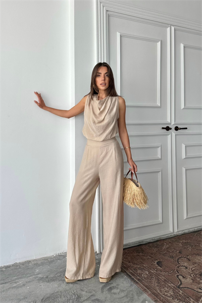 DEGAJE YAKA KOLSUZ BLUZ - PANTOLON TAKIM - Bej