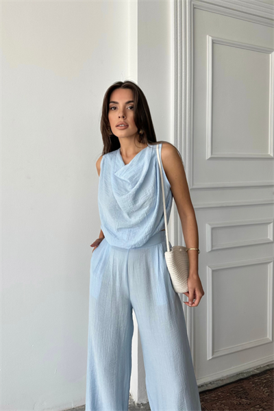 DEGAJE YAKA KOLSUZ BLUZ - PANTOLON TAKIM - Mavi