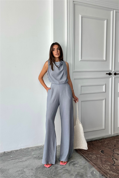 DEGAJE YAKA KOLSUZ BLUZ - PANTOLON TAKIM - Gri