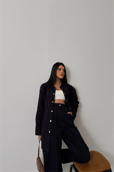 DENİM PUNTOLU GÖMLEK-PANTOLON TAKIM - Mavi