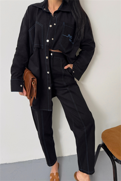 DENİM PUNTOLU GÖMLEK-PANTOLON TAKIM - Mavi