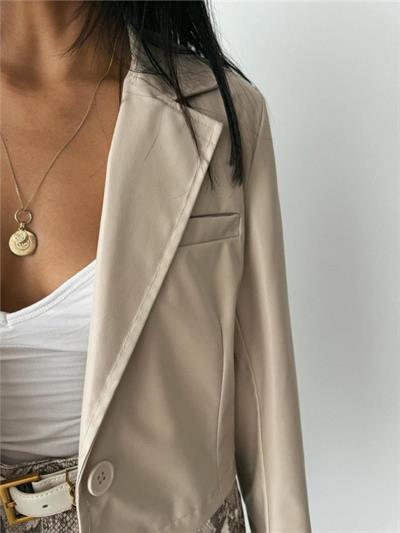 DERİ CROP CEKET TEK DÜĞME - Bej