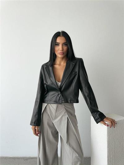 DERİ CROP CEKET TEK DÜĞME - Siyah